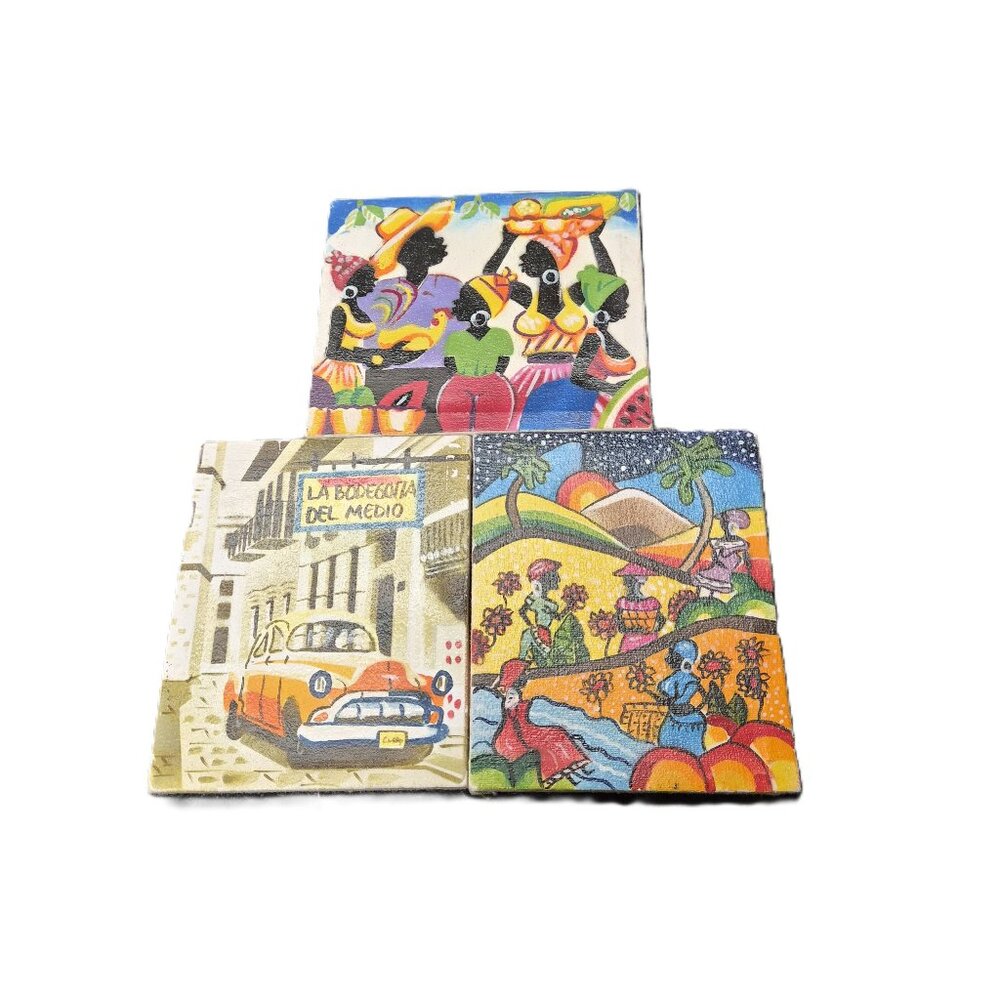 Set of 3 Cuban Vintage Oil Miniature Paintings on Canvas Boho Folk Art Retro